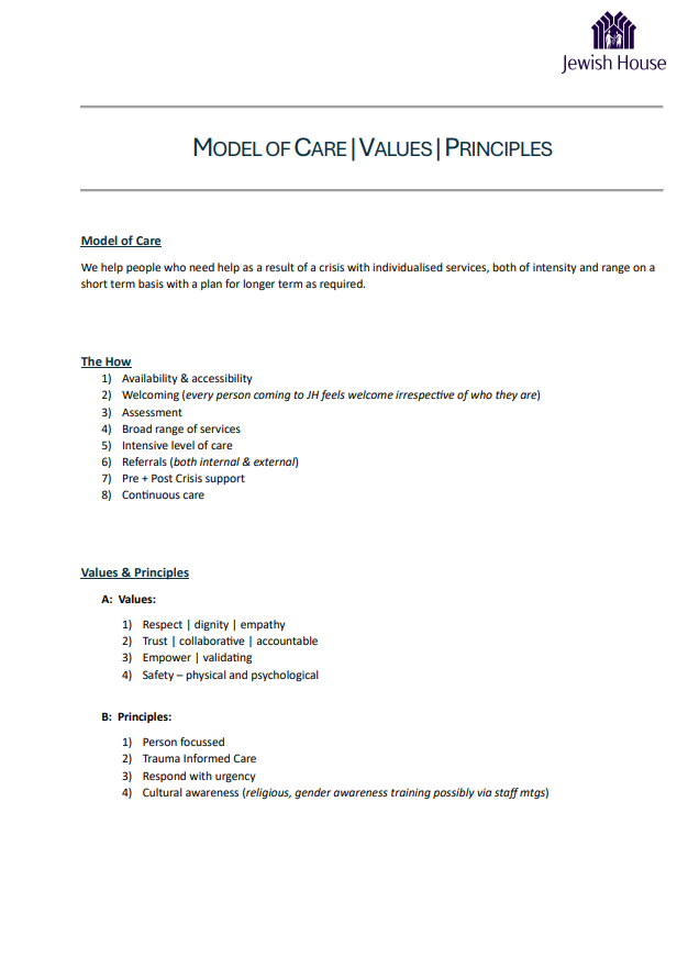 Model of Care, Values and Principles