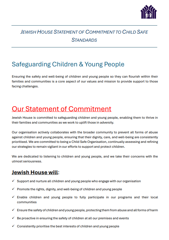 Jewish House Statement of Commitment to Child Safe Standards